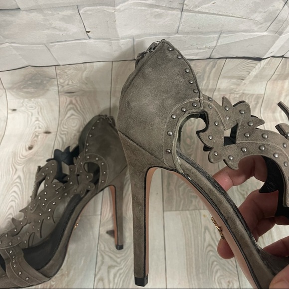 POUR LA VICTOIRE Vassy Studded Suede Heel Sandals Charcoal Grey 6.5 - Picture 12 of 16